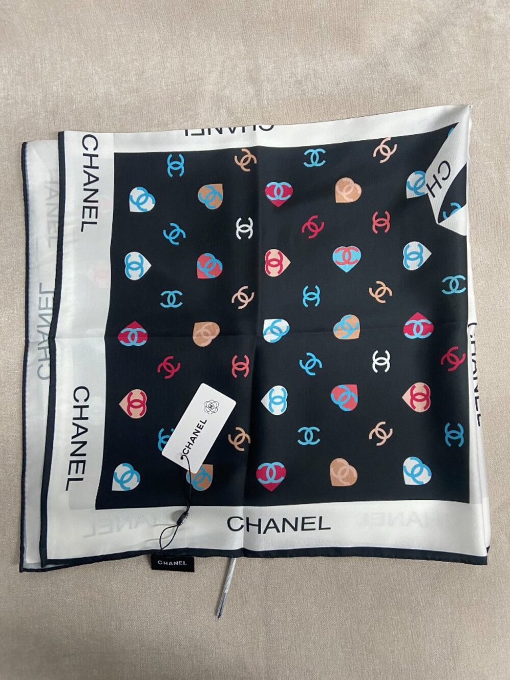 Chanel Heart & CC Logo 90×90 Silk Scarf ✨
